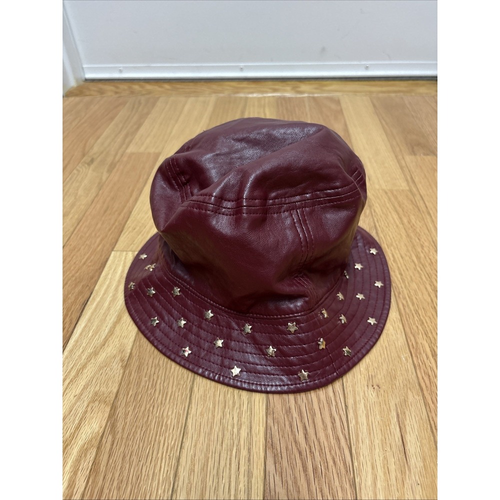 Burgundy Faux Leather Bucket Hat Gold Star Studded Retro Streetwear Unisex